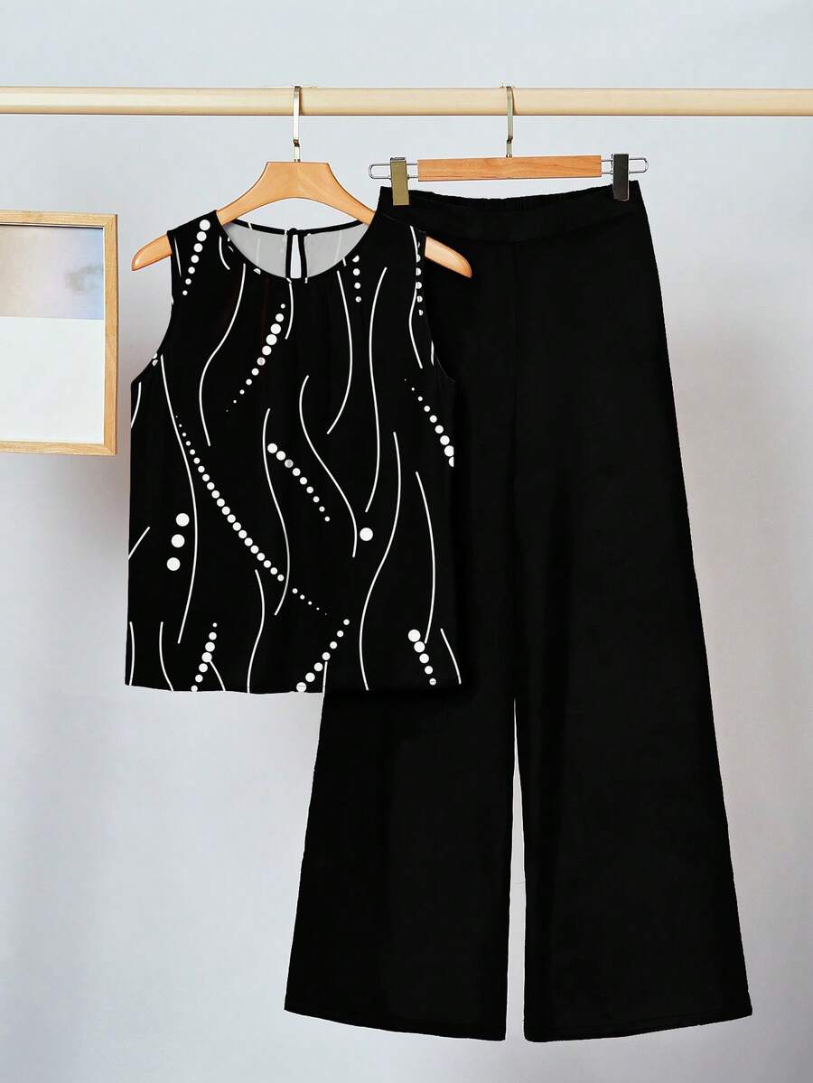 SHEIN Clasi 2pcs/Set Women Casual Floral Pattern Outfit, Suitable For Summer Vacation - Black - View 1