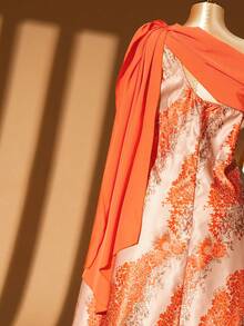 DreamSkyne Große Größen Damen Kleid mit Blume Muster, Off-Shoulder Schnitt mit geraffter Taille, vintage Silhouette mit leuchtenden Farben, asymmetrisches Schulterdesign verleiht elegante Ausstrahlung, geeignet für Strandurlaub, Strandreisen, Pendlermode, Valentinstag, Musikfestival, Muttertag, Halloween, Thanksgiving, Ostern, Nationalfeiertag, Neujahr, Datenight, Weihnachten, Hochzeitssaison - Orange - Übersicht 8