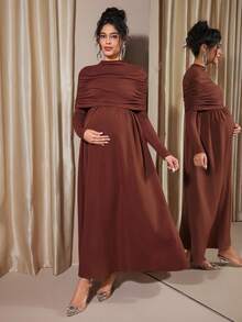 SHEIN Maternity Dress With Long Sleeves, Elegant Fitted Style, Suitable For Autumn/Winter Pregnancy - Mocha Brown - View 3