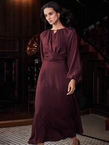 Uhlyne 女士宽松腰部可调节A字长连衣裙，秋冬款 - 紅色 - 查看 4