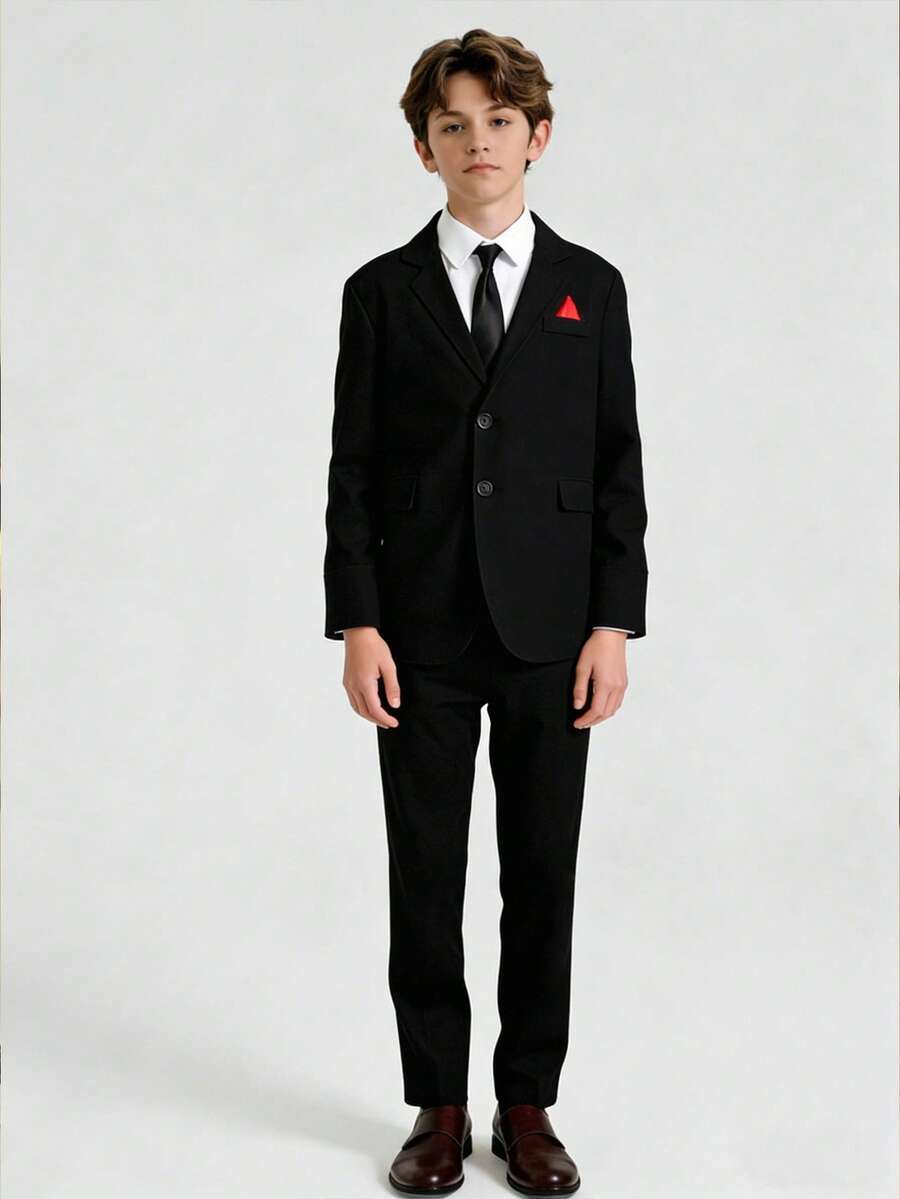 SHEIN Tween Boy Gentleman 2 Pieces Set: Contrast Collar & Chest Suit Jacket + Trousers, Formal Outfit For Birthday Party, Ceremony, Wedding, Christening, Anniversary
