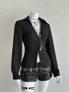 EgrlEra Women's Solid Color Regular Shoulder Long Sleeve Front Button Casual Shirt - Black - View 5