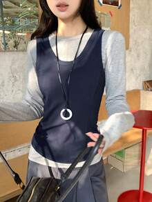 DAZY 女士休闲圆领无袖背心和纯色长袖T恤两件套家居服套装 - 灰色 - 查看 8