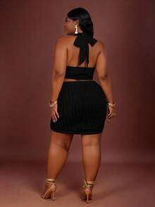 CurvyTilda Plus Size Sexy Halter Backless Sleeveless Top, Summer, For Hourglass Body Shape - Black - View 2