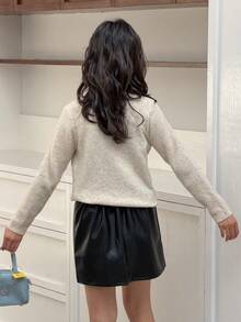 DAZY Girls' Scoop Neck Cardigan With Bow Decor, Fall - Apricot - View 2