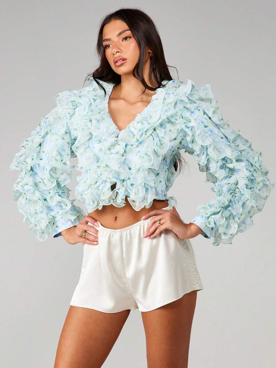 MISSGUIDED 春夏花卉印花雪纺荷叶边上衣,深V领长袖,层叠纹理设计 - 彩色 - 查看 1