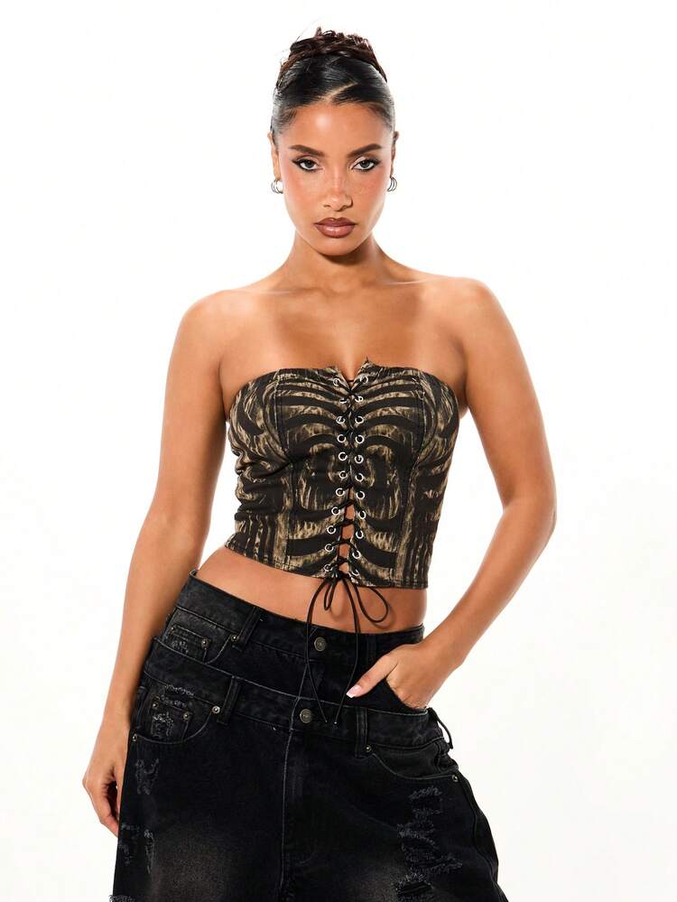 SUMWON Printed Denim Lace Up Corset Top With Front Tie Closure Strapless Bustier For Festival Occasions