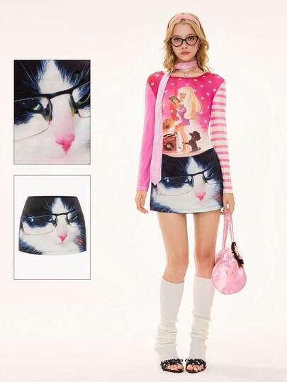 ROMWE Avant Minifalda sexy de cintura baja con estampado realista de gato lindo y extraño del estilo Y2K para mujeres