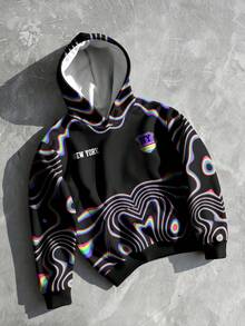 Manfinity EMRG Men's Black Autumn Streetwear Holiday Rainbow Ripple Punk Style Colorful Wave Print Pullover Sweatshirt,Visually Artistic All-Over Print Loose Fit - Black - View 3