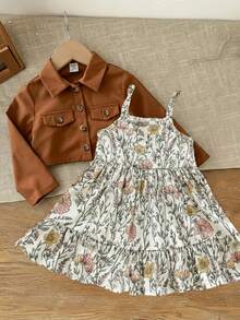 LMoss Kids Babygirl Ditsy 花卉休闲吊带连衣裙和棕色夹克两件套 - 彩色 - 查看 3