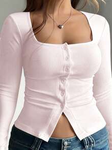 Vionelle 女士加大码 Y2K 极简休闲可爱复古美式方领纯色长袖时尚上衣，春夏款，适合日常校园辣妹和居家休闲穿着，可爱紧身露肩上衣，性感罗纹上衣 - 粉色 - 查看 1