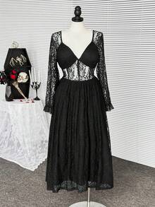 Coolane Plus Size  Spring/Summer Going Out Date Night Rave Outfit Renaissance Fair Club Outfits Party Hippie Goth Y2K Lace  Formal Evening Gown Black Midi Dress - Black - View 3