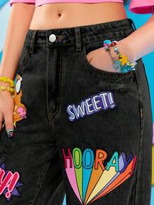 Adventure Time X ROMWE Women Casual Ripped Cartoon Graphic Loose Fit Jeans - Grey - View 4