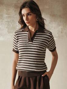 Anewsta French Spring/Summer Vintage Coin Texture Business Casual Striped Brown Patchwork V-Neck Knit Top - Coffee Brown - View 4