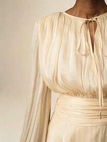 Vesra Abito elegante mini da donna con maniche lunghe, vita annodata e balze sul fondo, colore albicocca - Albicocca - Visualizzare 4