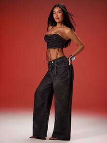 Denimoi Washed Denim Velvet Affect Straight Leg Baggy Jeans - Black - View 3