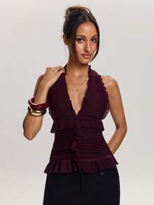 SHEIN BAE Elegant Sexy Ruffle Backless Halter Neck Top, Summer,Elegant,Summer,Spring Break Outfits,Valentine's Day,Carnival,Beach Outfit For Women,Beach ,Vacation,Summer Holiday Outfits ,Purple Top - Purple - View 5