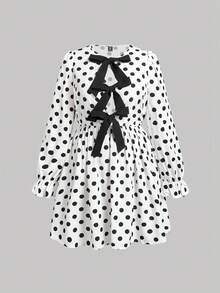 SHEIN MOD Plus Size Sweet & Cute Polka Dot Print Front Bowknot Contrast Color Puff Sleeve Long Dress - White - View 1