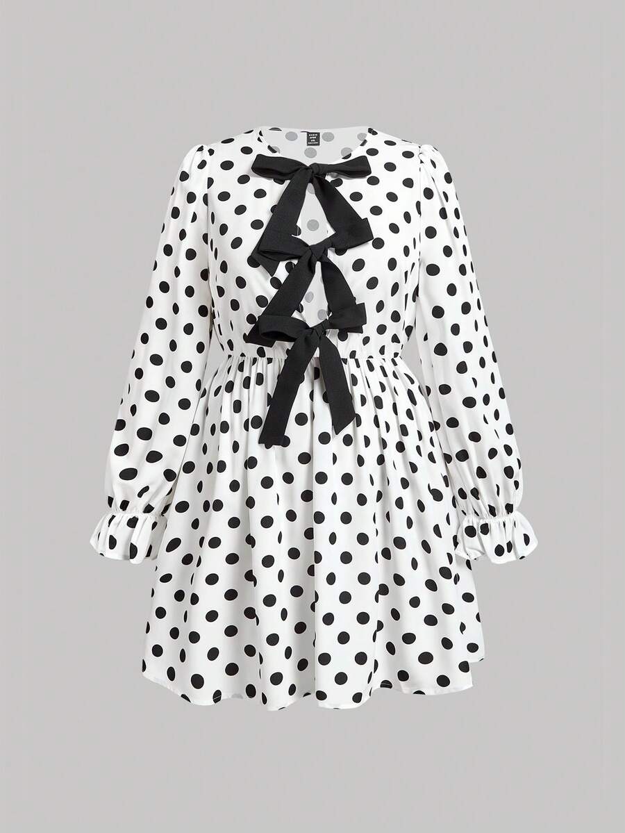 SHEIN MOD Plus Size Sweet & Cute Polka Dot Print Front Bowknot Contrast Color Puff Sleeve Long Dress - White - View 1