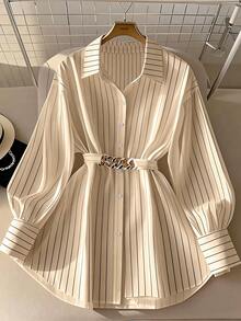 GlowEve CURVE 大码女式条纹长袖单排扣休闲/工作衬衫 - 杏色 - 查看 1