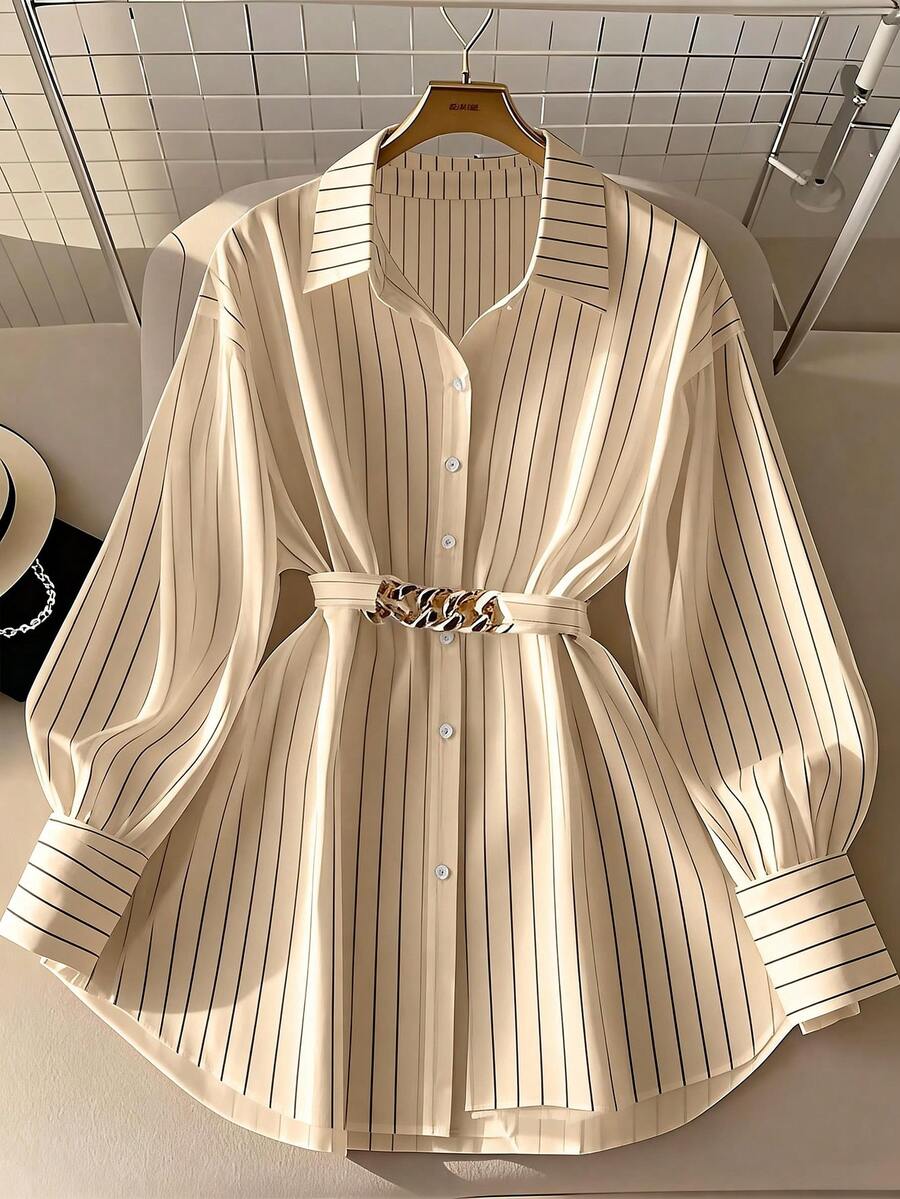 GlowEve CURVE 大码女式条纹长袖单排扣休闲/工作衬衫 - 杏色 - 查看 1