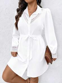 Elenzga Đầm dài tay cỡ lớn dành cho nữ, thiết kế phối ren, kèm thắt lưng vải, kiểu dáng tối giản và thời trang, phù hợp cho công sở và mặc hàng ngày. - trắng - Xem 3