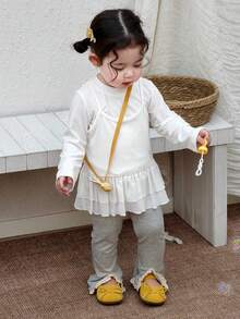 DAZY 2件套女童纯色休闲蕾丝吊带背心和纯色外套T恤套装 - 白色 - 查看 7