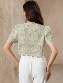BELROSIE Blusa ricamata con fiori di ciliegio, design con scollo rotondo e ricamo 3D, orlo ondulato per un aspetto lusinghiero, tessuto fluido, romantica per primavera, adatta per picnic e appuntamenti, camicia da donna - Verde - Visualizzare 2