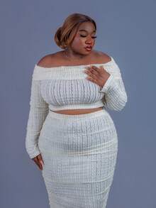 CurvyTilda Damen Große Größen Set aus texturiertem Off-Shoulder Langarm Crop Top und Rock in Unifarbe, 2-teilig, für Herbst/Winter - Aprikosenfarben - Übersicht 6