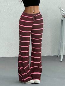 SHEIN EZwear Plus Size Women Striped Drawstring Waist Casual Flare Pants, Versatile For Commuting And Outings - Chocolate Brown - View 1