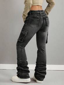 Tween Girls' Pocketed Button Utility Casual Flare Pants, Versatile For Daily Wear - Black - View 3