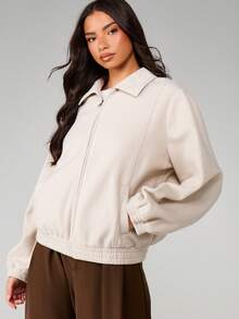 MISSGUIDED 女士秋冬休闲外套，宽松米色全拉链翻领卫衣外套，弹性袖口，版型舒适。 - 卡其色 - 查看 1