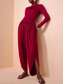 Zivah Elegant Burgundy Autumn Dining Jumpsuit,Slim Fit Stand Collar Front Cutout Long Sleeve Waist Cinching Lantern Pants,Western Bohemian Party Wedding - Burgundy - View 7