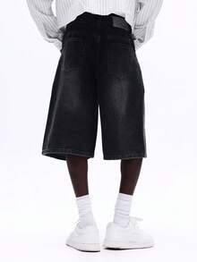SUMWON Quần short Bermuda dáng rộng, ống loe, dài đến đầu gối, chất liệu denim mài bạc màu, kiểu dáng mùa hè thoải mái, rộng rãi. - Xám - Xem 2