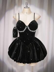 SHEIN ICON Robe moulante en velours à fleurs avec strass pour femmes grandes tailles - Noir - Voir 3