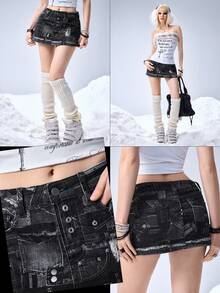 ROMWE Grunge Punk Minifalda de mezclilla de cintura baja con estampado de retoque de patchwork estilo K-pop para mujeres - Gris - Ver 1