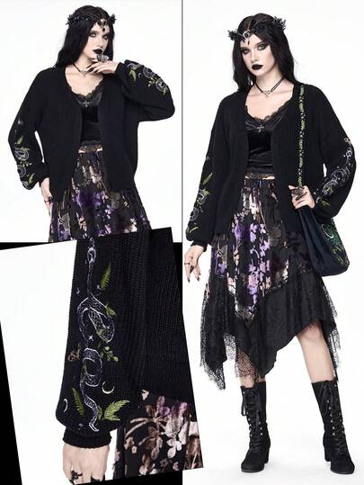 Goth Vintage Snake Embroidery Black Knit Cardigan For Women, Loose V-Neck Lantern Sleeve Casual Sweater Jacket, Autumn