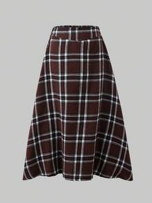 Tween Girls' Colorblock Long Sleeve Turtleneck Top & Plaid Mini Skirt Set - Brown - View 6