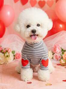 PETSIN 1pc Cat And Dog Clothing, Embroidered Heart-Shaped Valentine's Day Gray And White Striped T-Shirt, Comfortable Pet Clothing For Spring And Autumn - grey strips - View 1