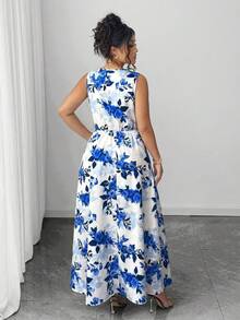 Elenzga Plus Size Women's Elegant Floral Print V-Neck Sleeveless Waist Cinched A-Line Dress, Early Spring Garden Party Formal Dress Blue And White Floral Dress Prom - Blue - View 2