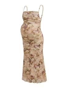 Modmama Vestido de embarazo de camiseta con estampado floral, fruncido y con dobladillo de cola de pez, estilo de vacaciones de verano - Caqui - Ver 6