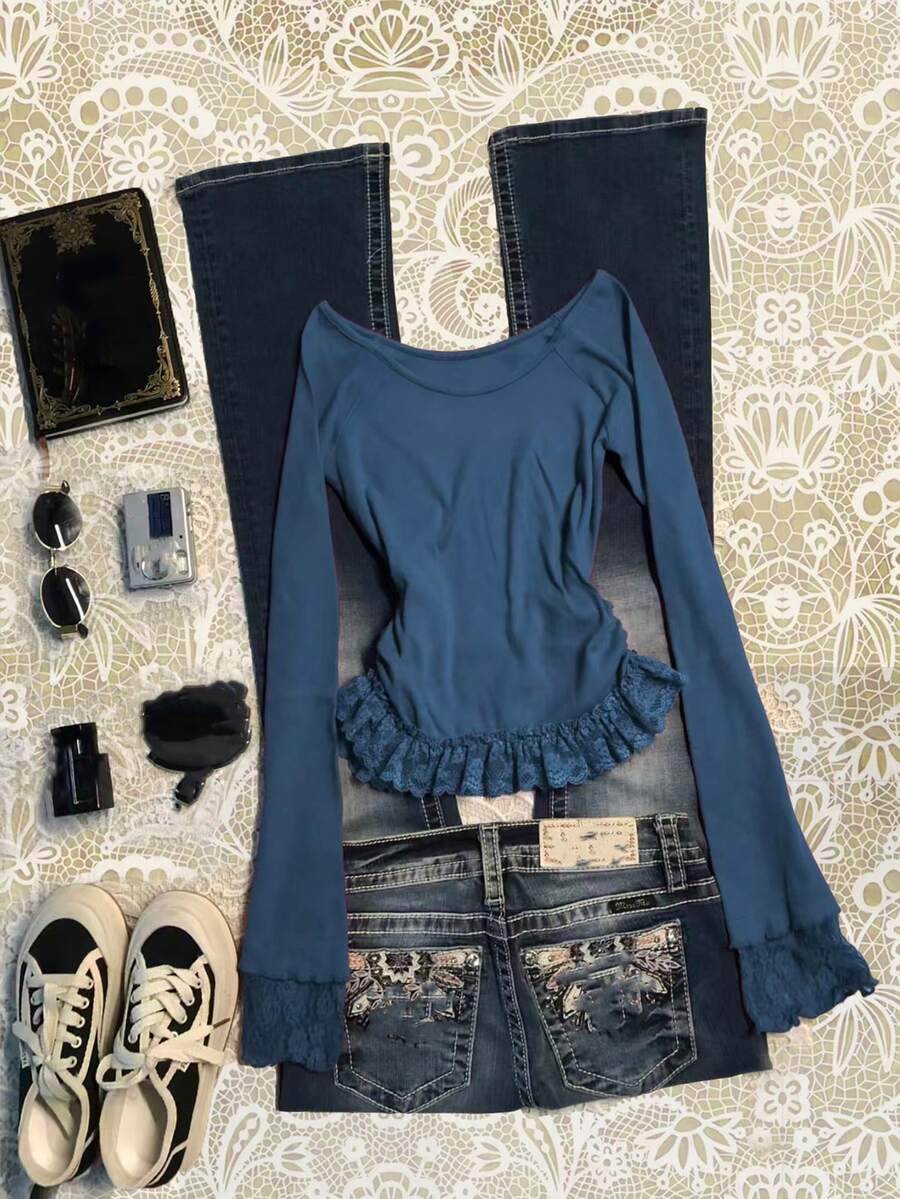 INAWLY Women's Round Neck Raglan Sleeve Contrast Lace Ruffle Hem Fashion T-Shirt - Blue - View 1