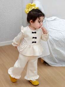 DAZY Toddler Girls' Round Neck Bow Tie Cap Sleeve Thermal Lined Sweatshirt And Flare Leg Pants Set