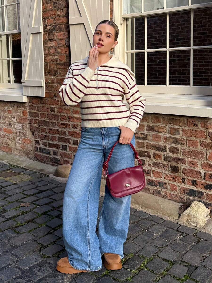 Bethéva Casual Striped Long Sleeve Half-Zip Pullover Fall - Burgundy - View 1