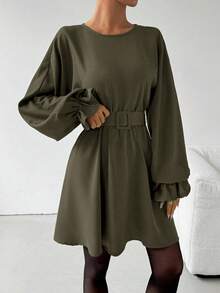Chiquease Casual Commuter Solid Color Belted Lantern Sleeve Dress - Green - View 6