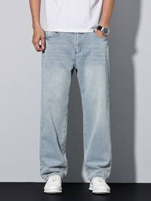 Manfinity Homme 男士纯色口袋休闲直筒牛仔裤 - 淺色水洗藍 - 查看 4