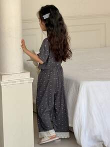 DAZY 女童蝴蝶结印花圆领短袖T恤和裤子睡衣套装 - 棕色 - 查看 4