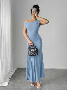 Modelyn Women's Solid Color Asymmetric Shoulder Pleated Fishtail Hem Elegant Dress ,Summer Dress,Spring Dresses For Women - Baby Blue - View 6