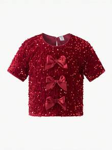 SHEIN 2pcs/Set Young Girls Sparkly Sequin Red Party & New Year Outfit - Red - View 5