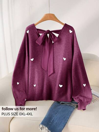 CosyJoli Plus Size Casual Heart Pattern Beige V-Neck Backless Pullover Sweater Autumn Winter Clothes For Women Thanksgiving